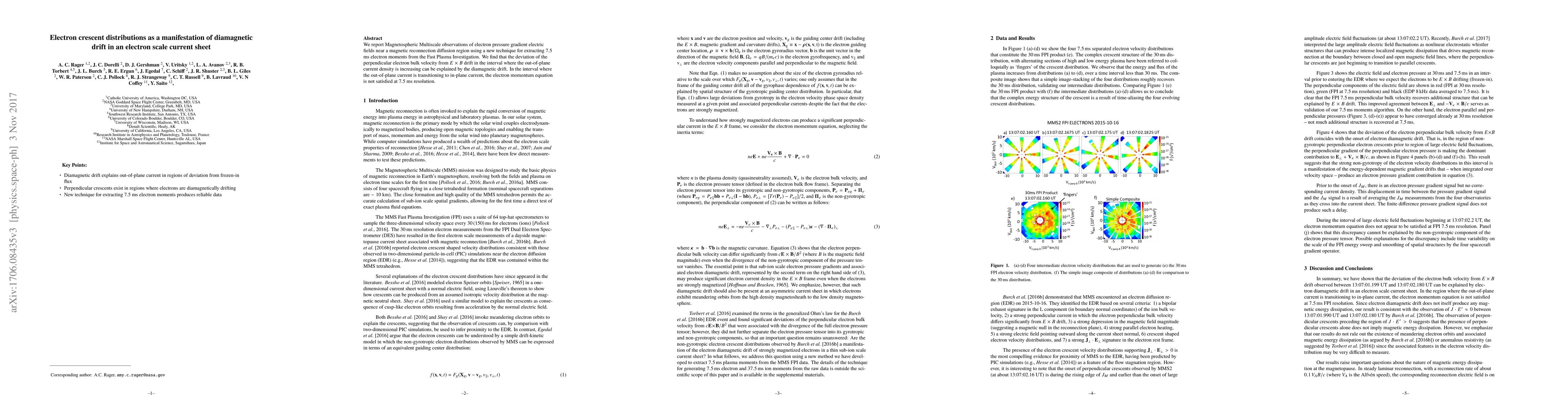 Thumbnail for Electron crescent distributions as a manifestation of diamagnetic drift
  in an electron scale current sheet