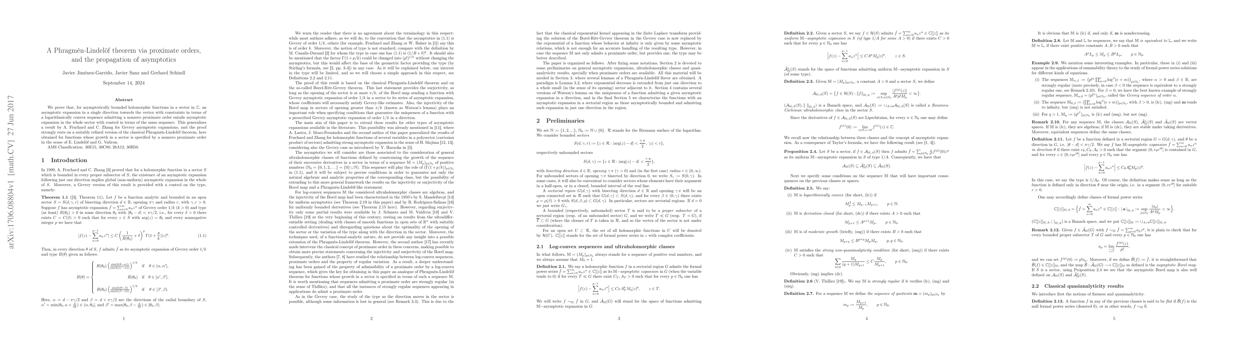 Thumbnail for A Phragm\'en-Lindel\"of theorem via proximate orders, and the
  propagation of asymptotics