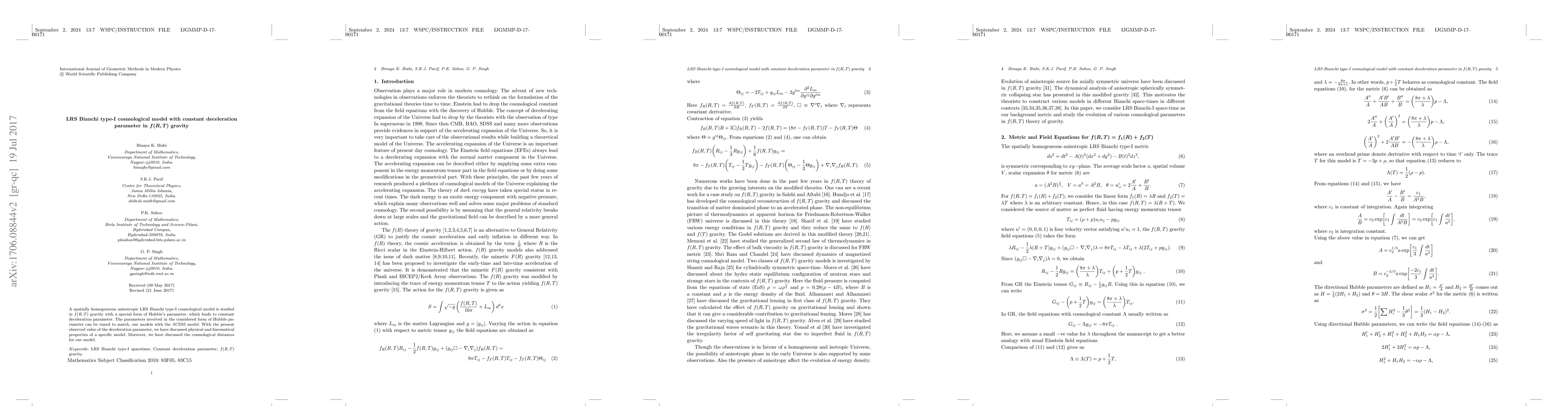 Thumbnail for LRS Bianchi type-I cosmological model with constant deceleration
  parameter in $f(R,T)$ gravity