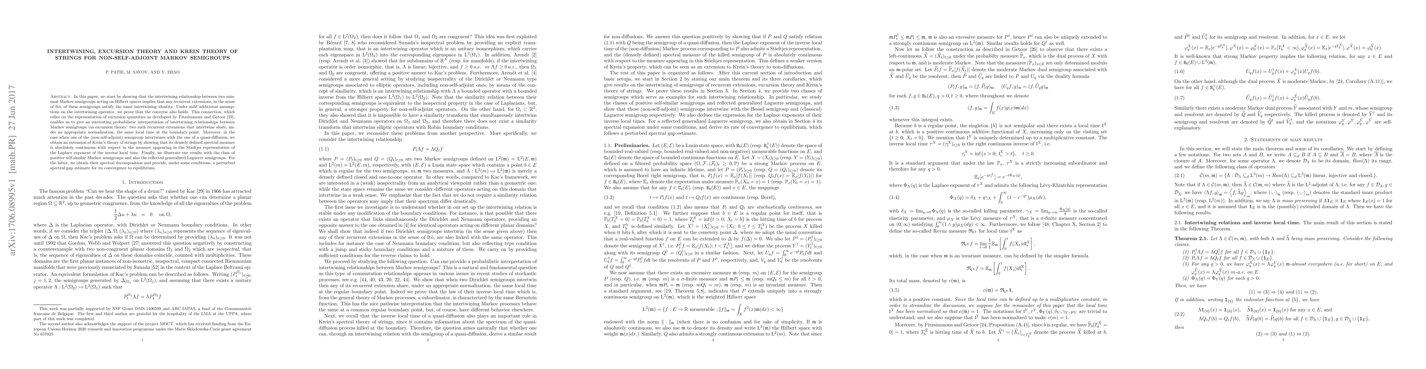 Thumbnail for Intertwining, Excursion Theory and Krein Theory of Strings for
  Non-self-adjoint Markov Semigroups