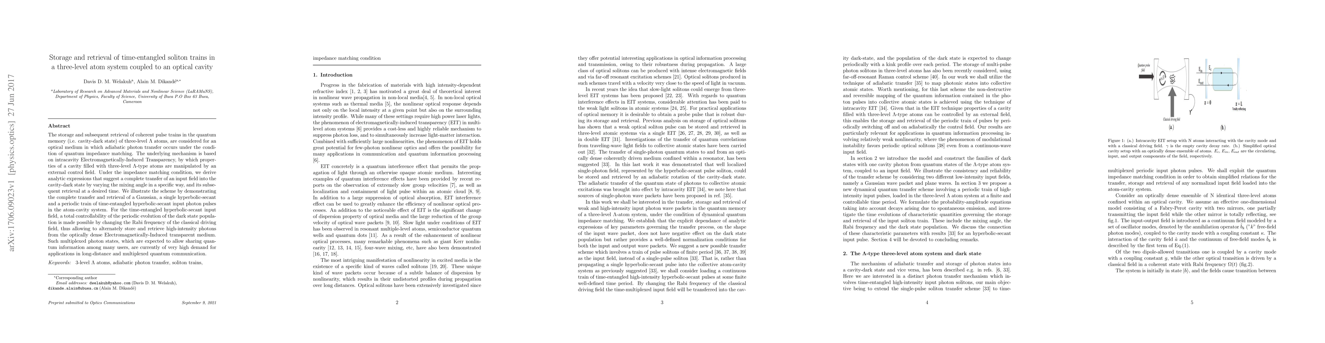 Thumbnail for Storage and retrieval of time-entangled soliton trains in a three-level
  atom system coupled to an optical cavity