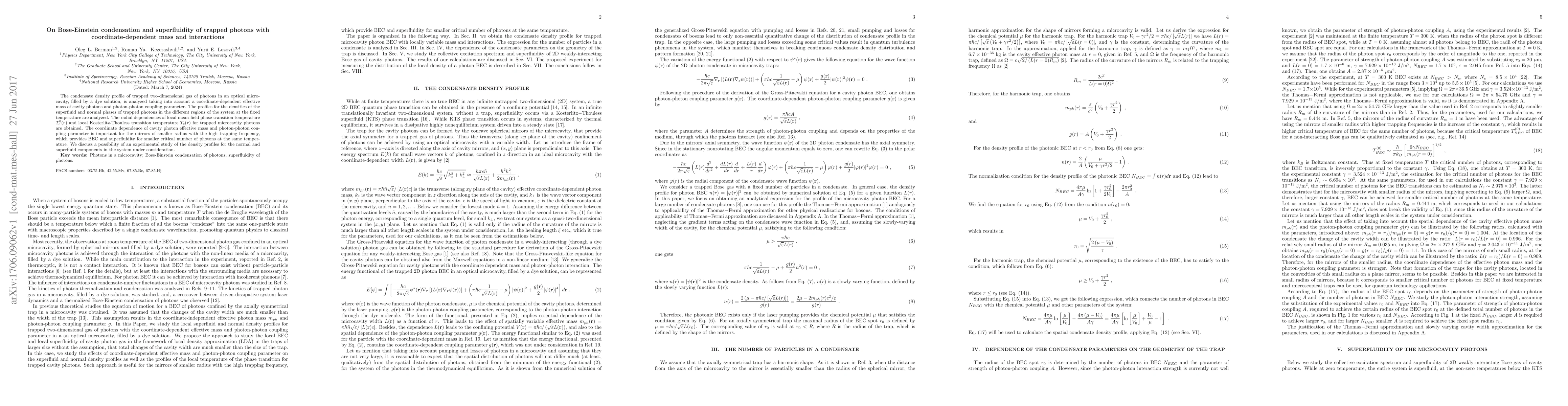 Thumbnail for On Bose-Einstein condensation and superfluidity of trapped photons with
  coordinate-dependent mass and interactions