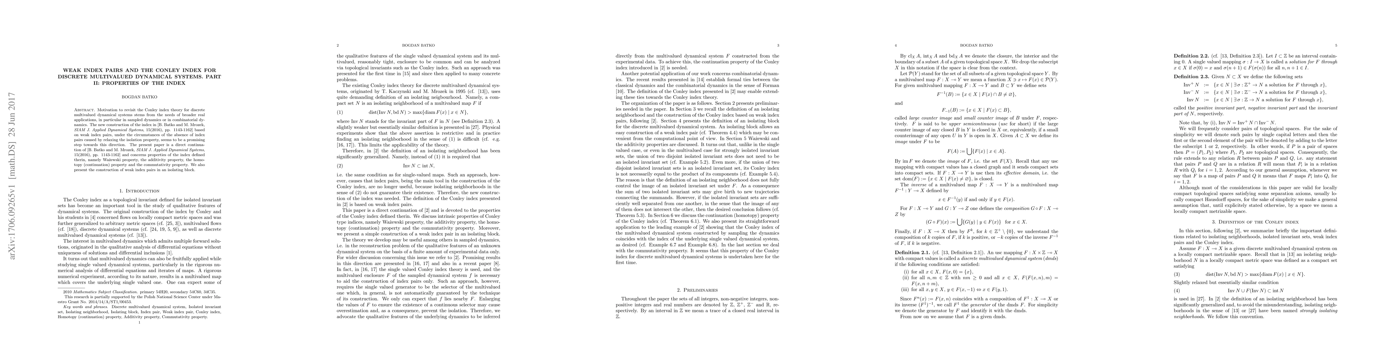 Thumbnail for Weak index pairs and the Conley index for discrete multivalued dynamical
  systems. Part II: properties of the index