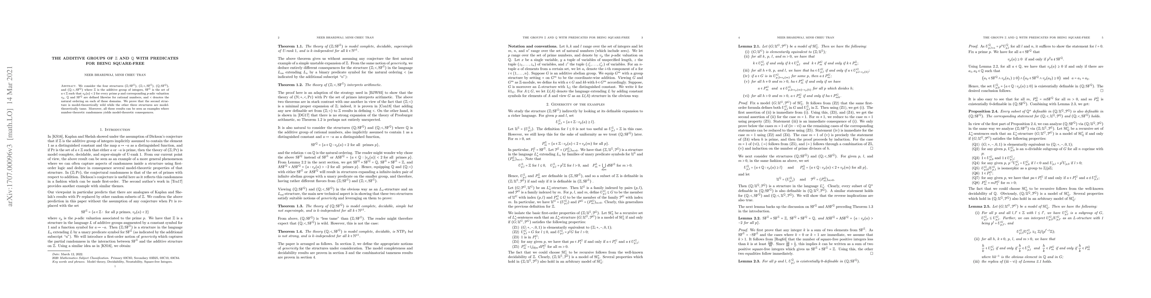 Thumbnail for The additive groups of $\mathbb{Z}$ and $\mathbb{Q}$ with predicates for
  being square-free