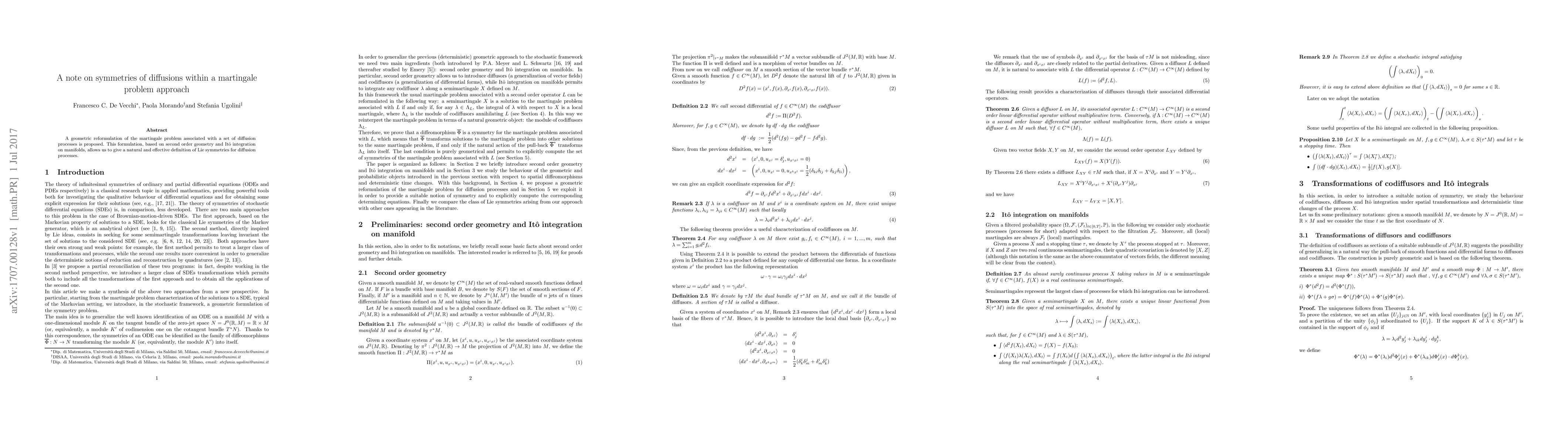 Thumbnail for A note on symmetries of diffusions within a martingale problem approach
