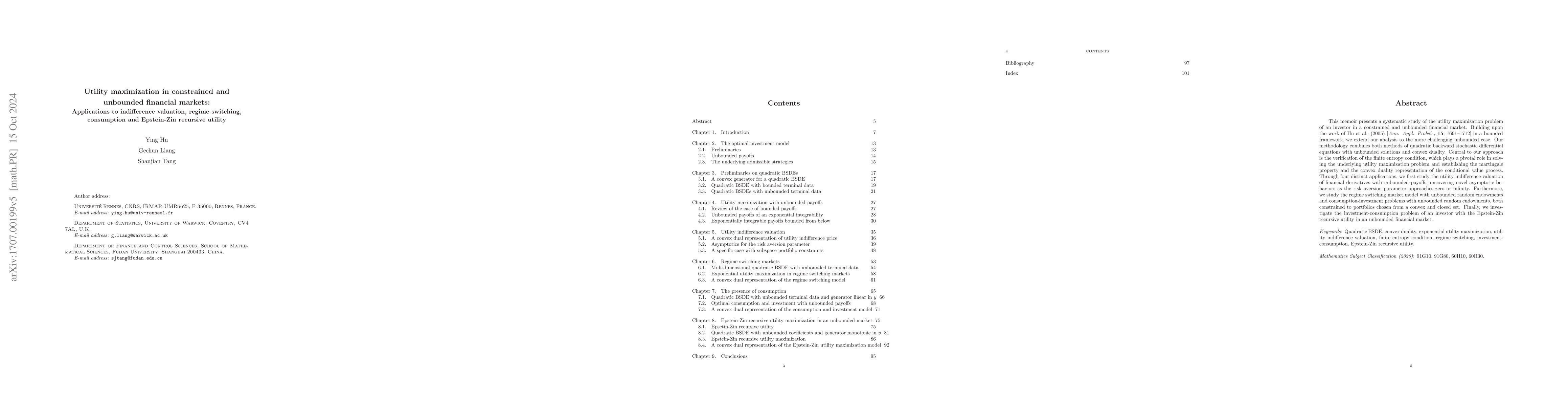 Thumbnail for Utility maximization in constrained and unbounded financial markets:
  Applications to indifference valuation, regime switching, consumption and
  Epstein-Zin recursive utility