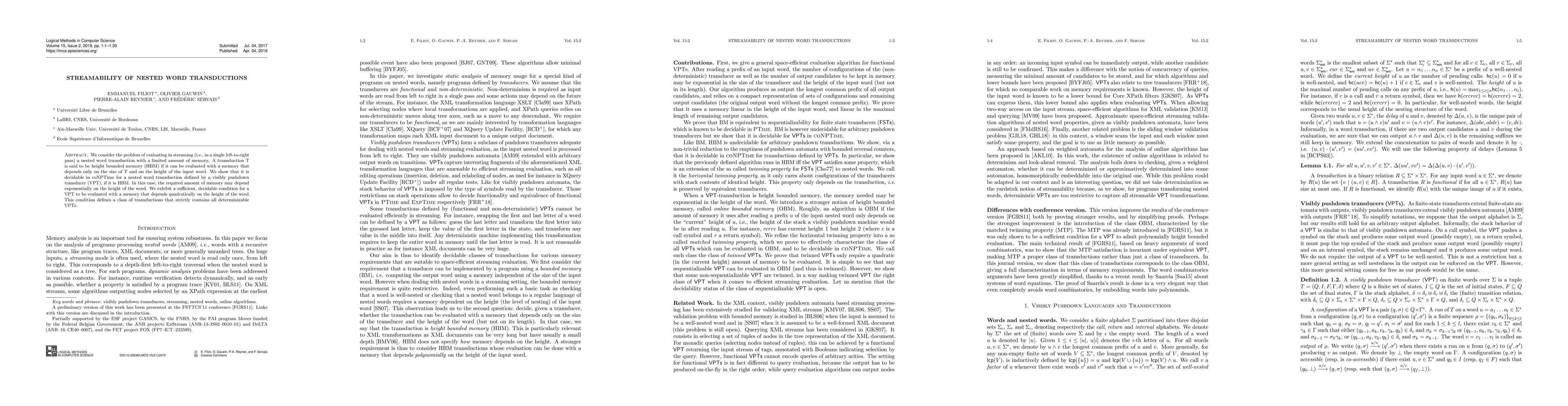 Thumbnail for Streamability of nested word transductions