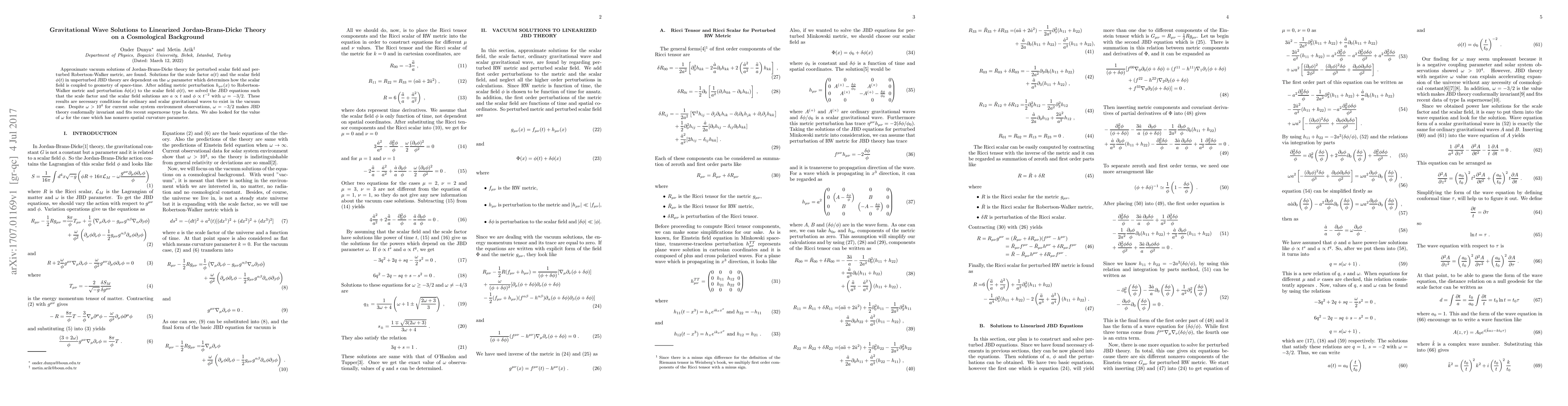 Thumbnail for Gravitational Wave Solutions to Linearized Jordan-Brans-Dicke Theory on
  a Cosmological Background