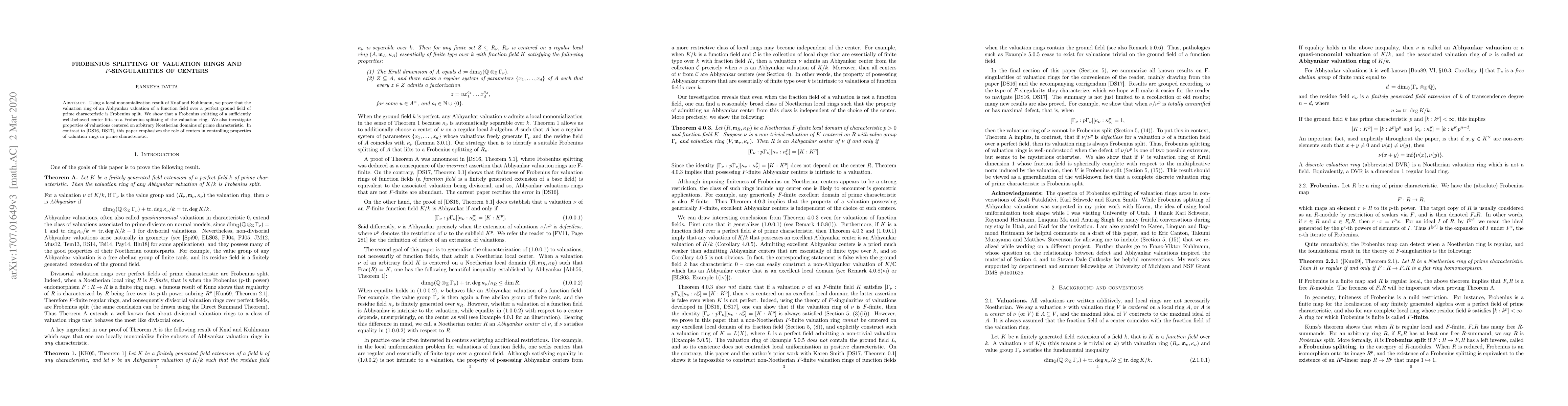 Thumbnail for Frobenius splitting of valuation rings and $F$-singularities of centers