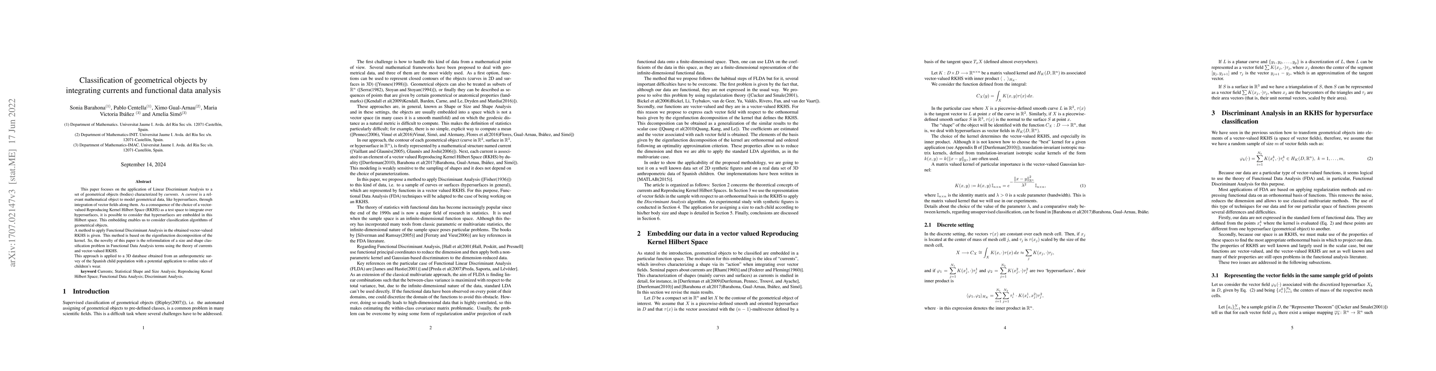 Thumbnail for Classification of geometrical objects by integrating currents and
  functional data analysis. An application to a 3D database of Spanish child
  population