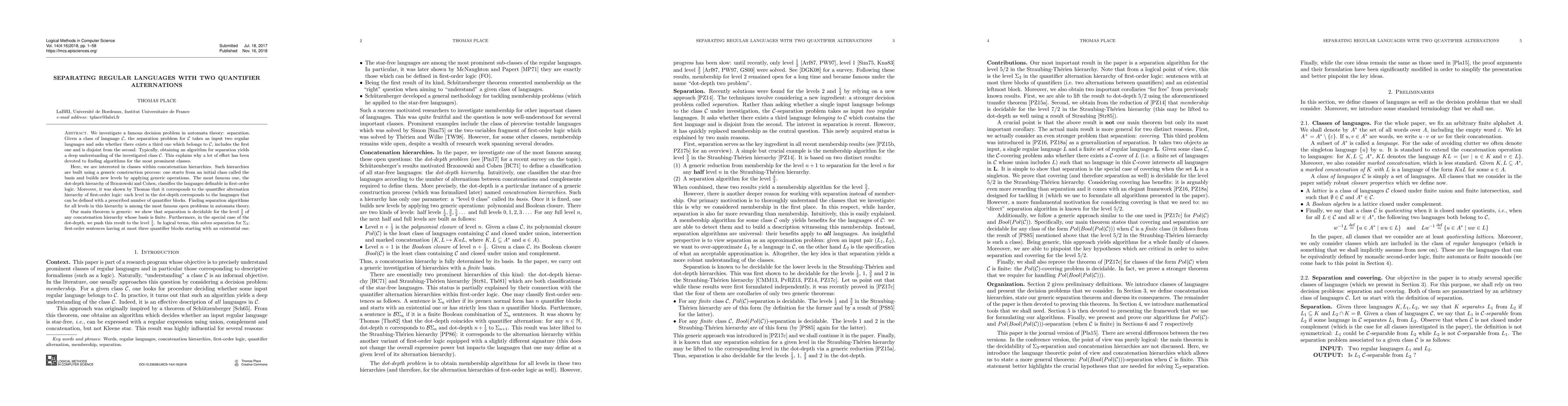 Thumbnail for Separating regular languages with two quantifier alternations