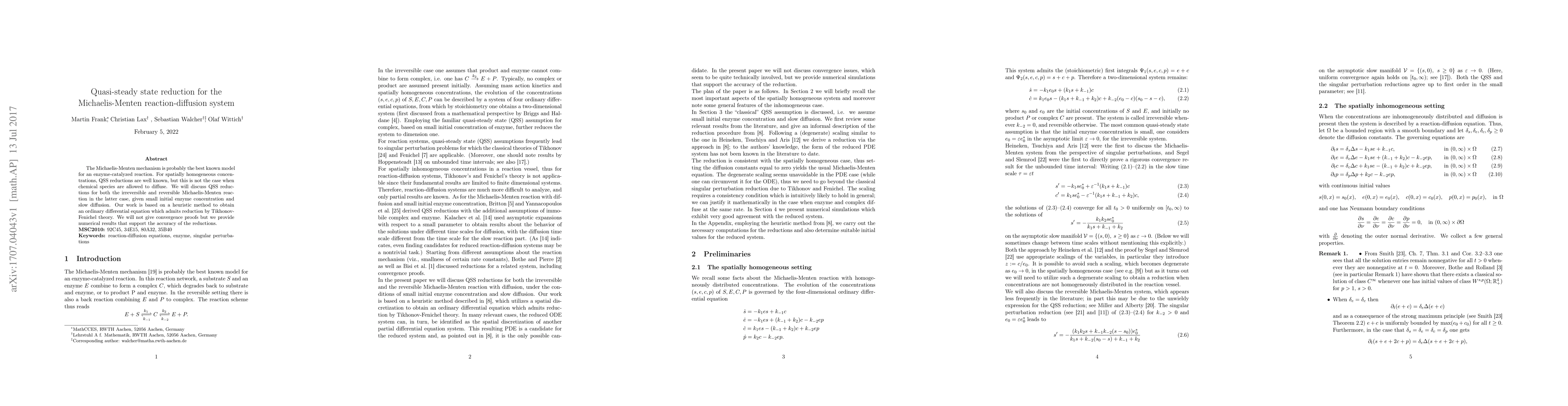 Thumbnail for Quasi-steady state reduction for the Michaelis-Menten reaction-diffusion
  system