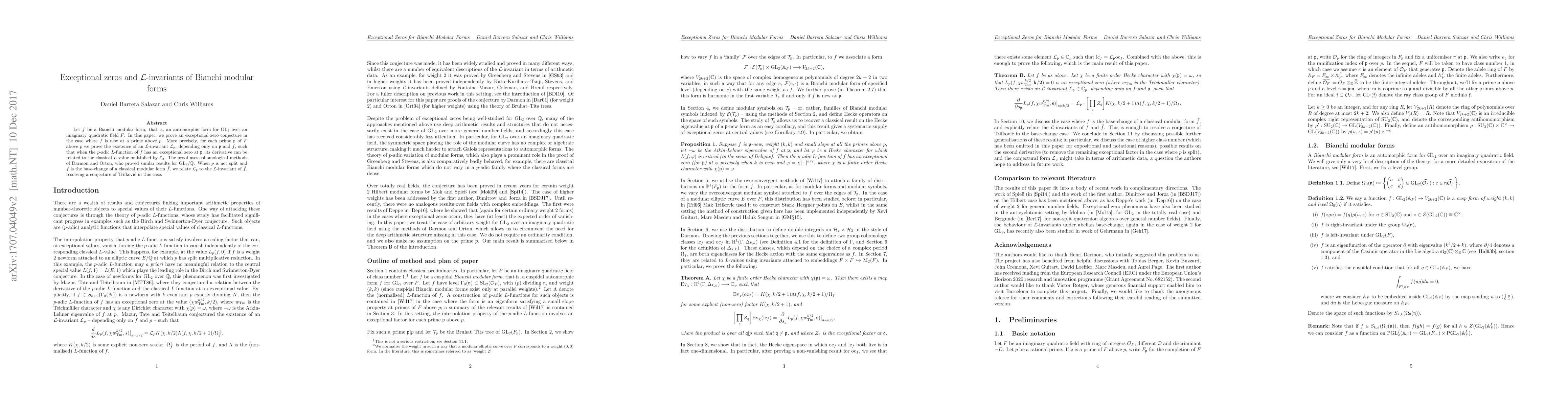 Thumbnail for $\mathcal{L}$-invariants and exceptional zeros of Bianchi modular forms