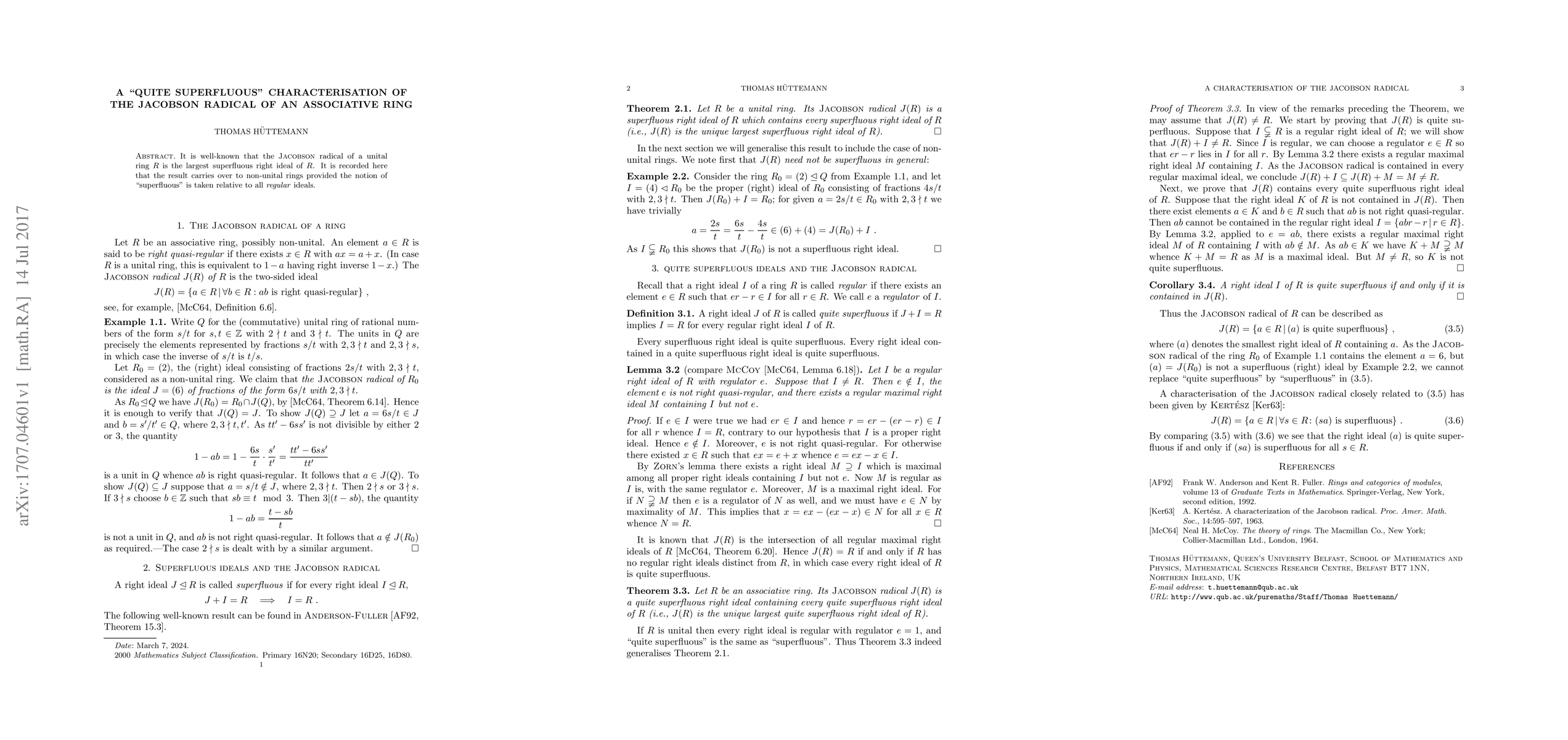 Thumbnail for A "quite superfluous" characterisation of the Jacobson radical of an
  associative ring