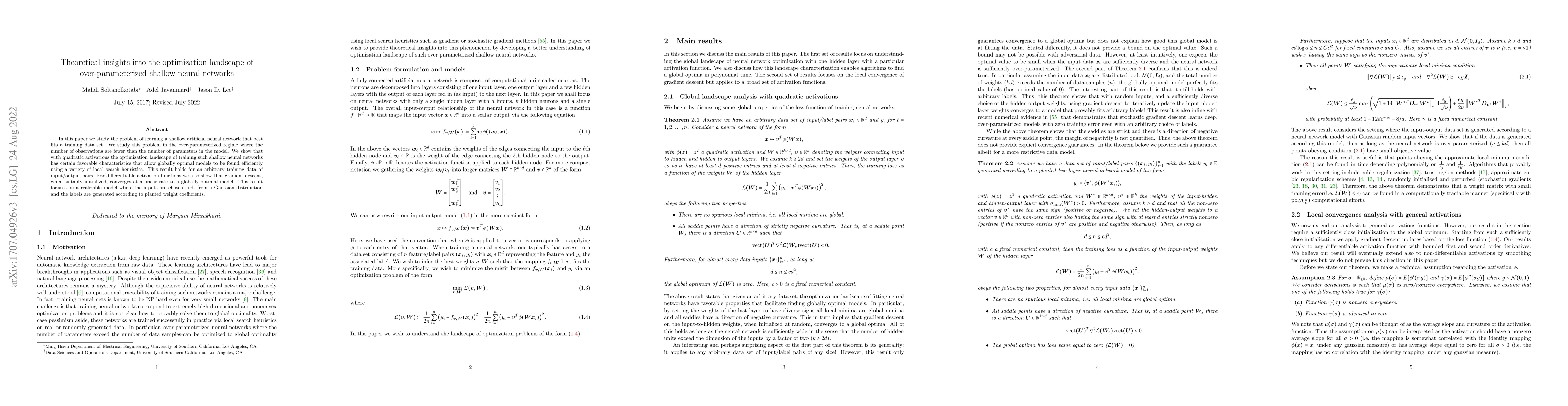 Thumbnail for Theoretical insights into the optimization landscape of
  over-parameterized shallow neural networks
