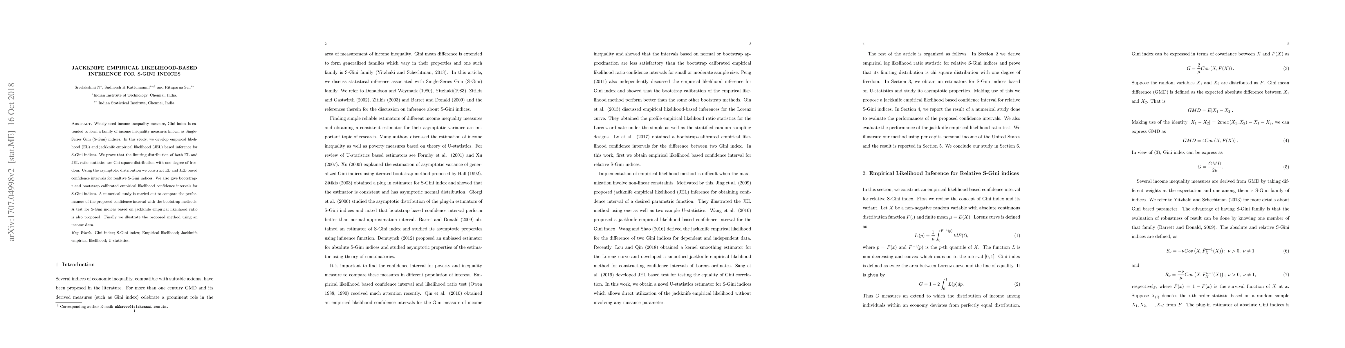 Thumbnail for Jackknife Empirical Likelihood-based inference for S-Gini indices