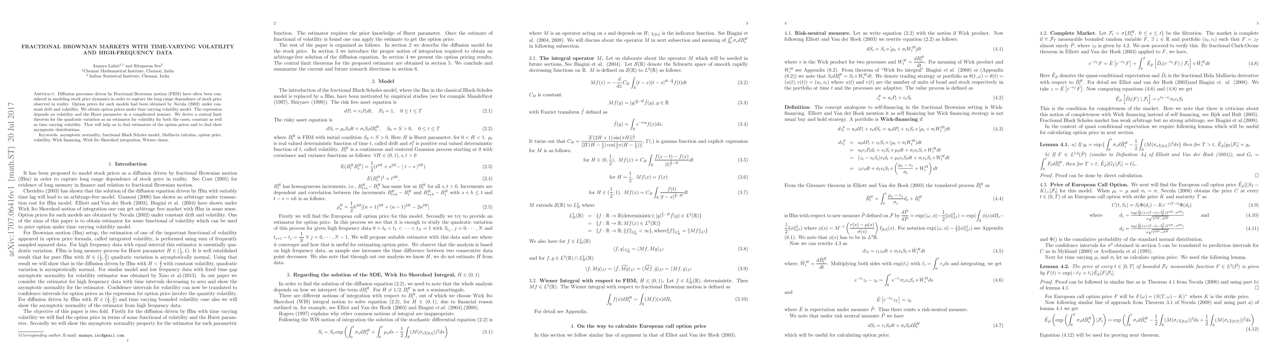 Thumbnail for Fractional Brownian markets with time-varying volatility and
  high-frequency data
