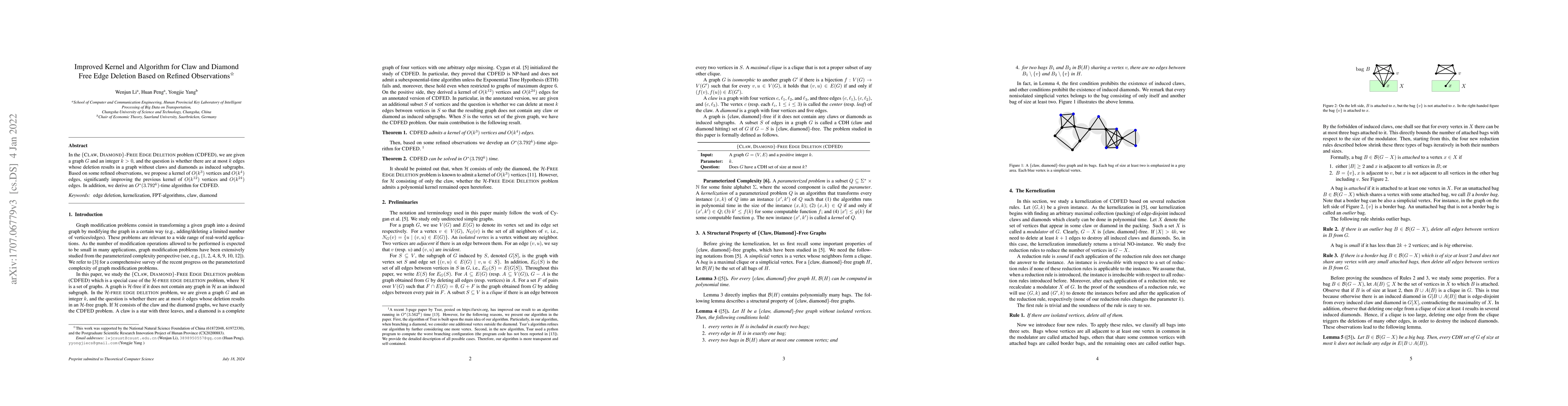 Thumbnail for Improved Kernels and Algorithms for Claw and Diamond Free Edge Deletion
  Based on Refined Observations