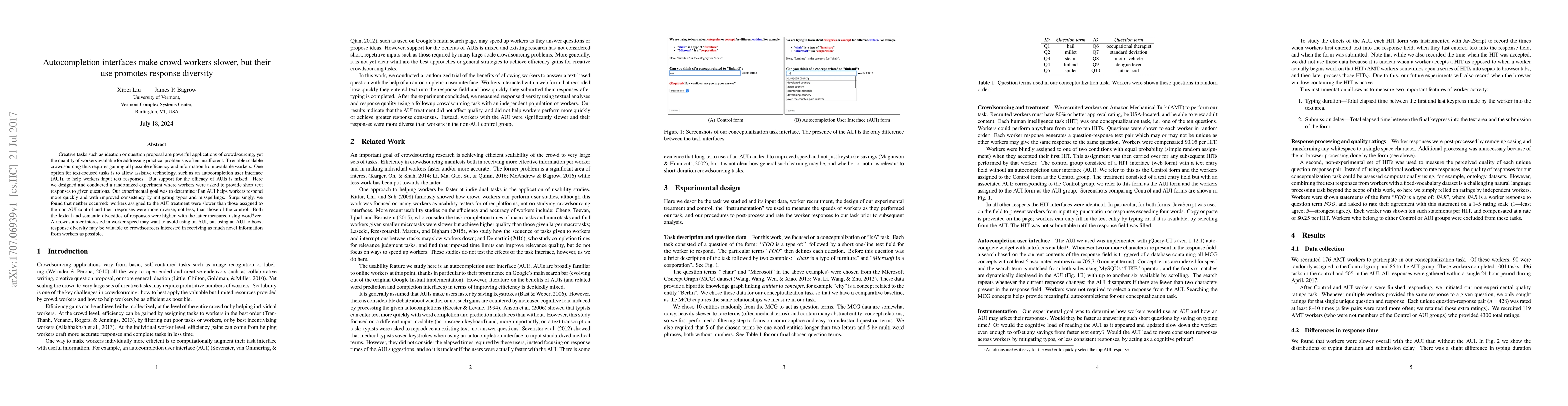 Thumbnail for Autocompletion interfaces make crowd workers slower, but their use
  promotes response diversity