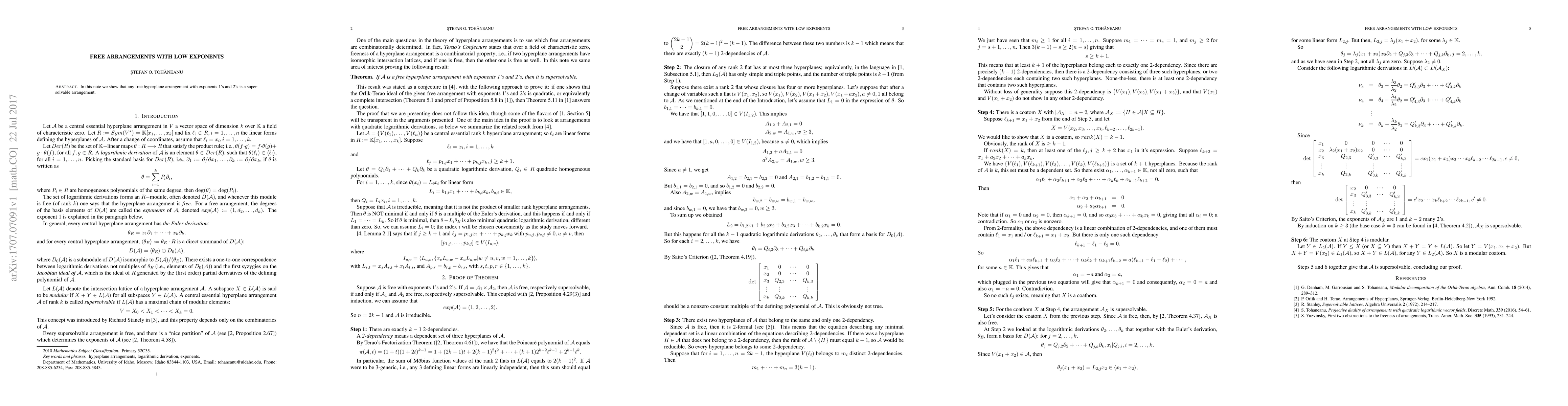 Thumbnail for Free arrangements with low exponents