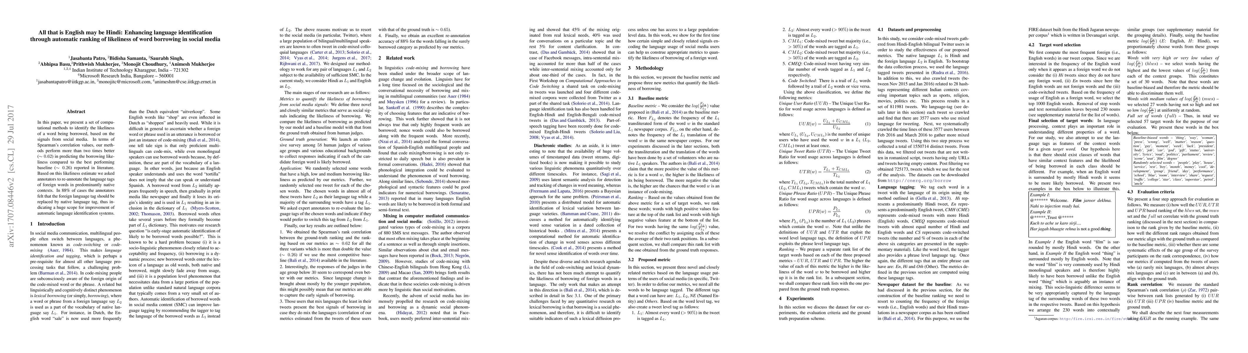 Thumbnail for All that is English may be Hindi: Enhancing language identification
  through automatic ranking of likeliness of word borrowing in social media