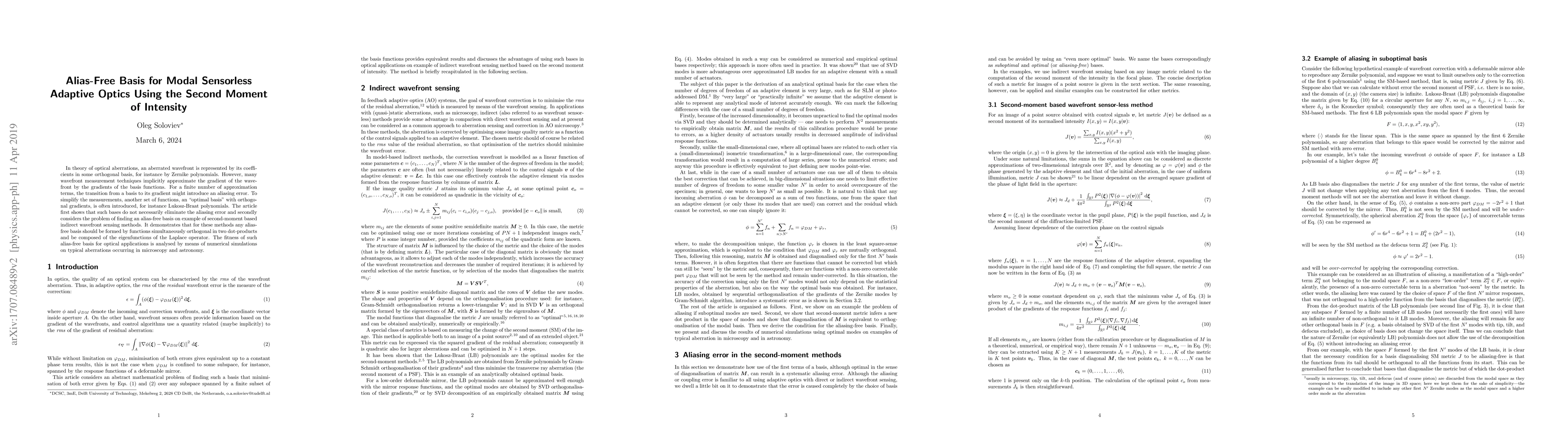 Thumbnail for Alias-Free Basis for Modal Sensorless Adaptive Optics Using the Second
  Moment of Intensity