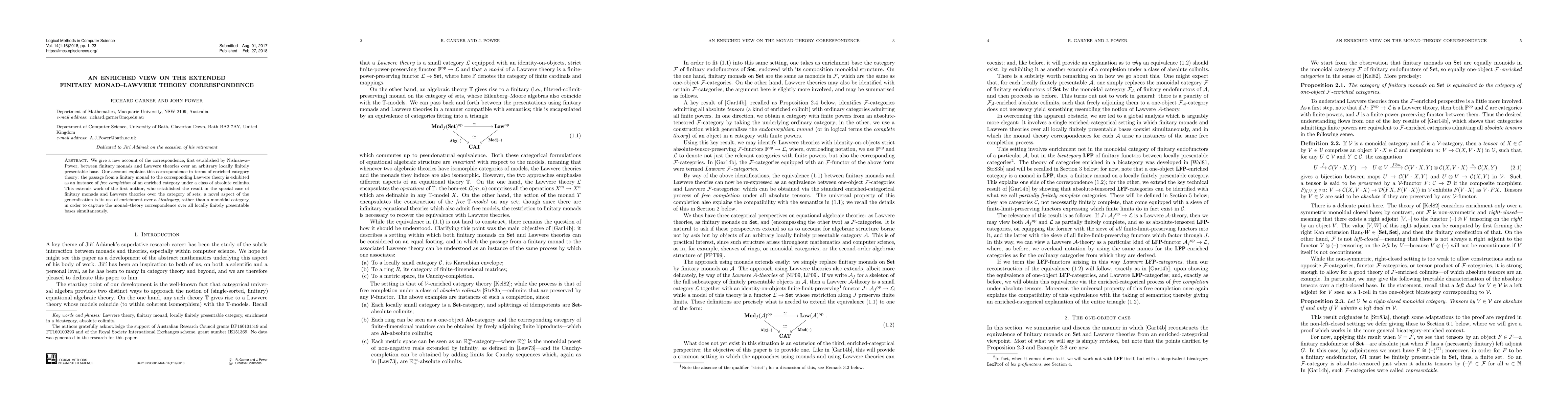 Thumbnail for An enriched view on the extended finitary monad--Lawvere theory
  correspondence