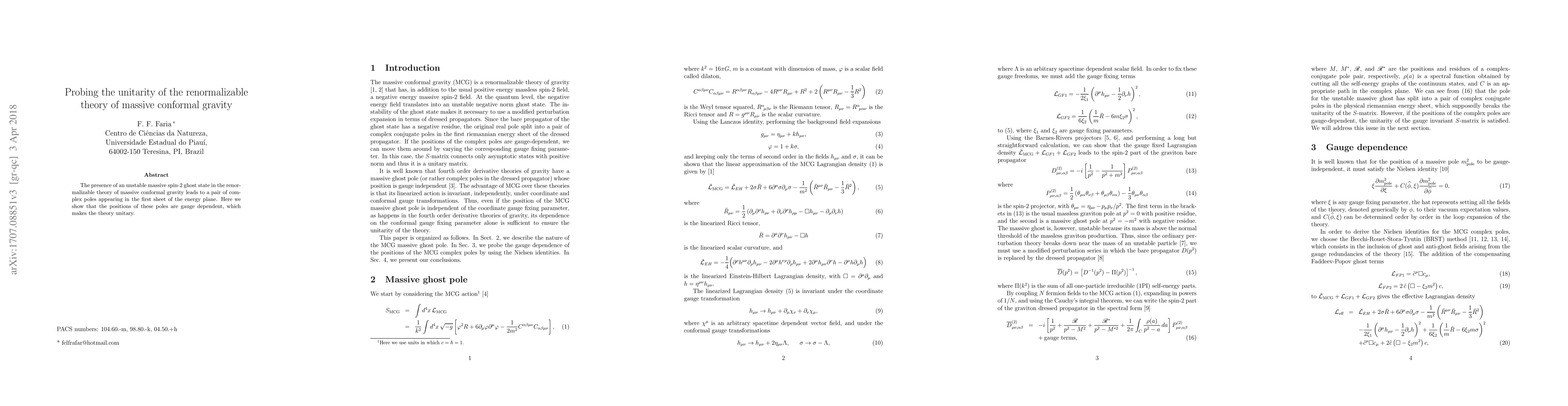 Thumbnail for Probing the unitarity of the renormalizable theory of massive conformal
  gravity