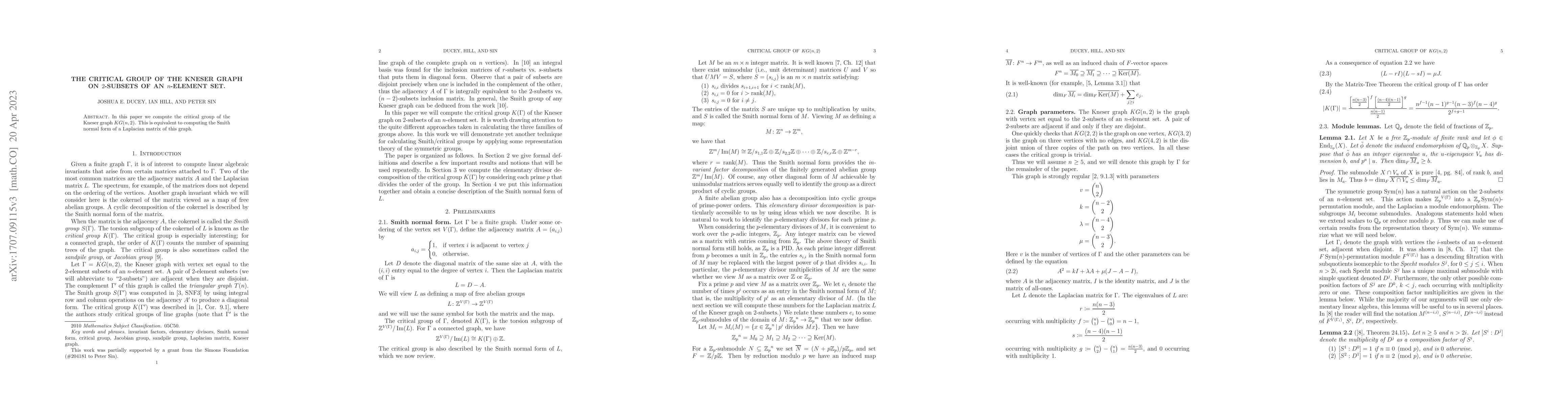 Thumbnail for The critical group of the Kneser graph on $2$-subsets of an $n$-element
  set