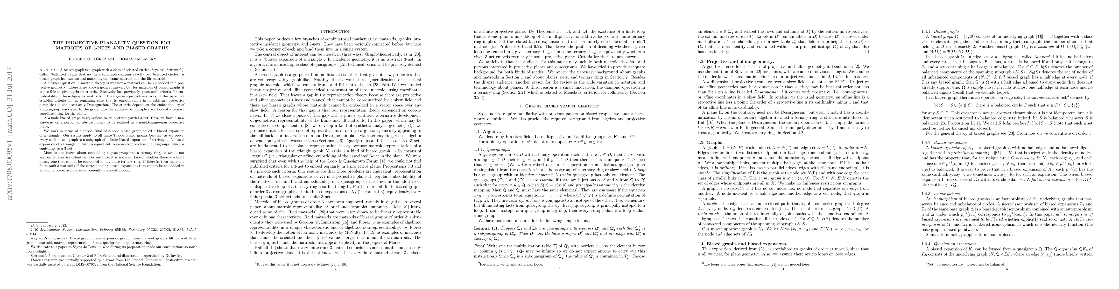 Thumbnail for The Projective Planarity Question for Matroids of $3$-Nets and Biased
  Graphs