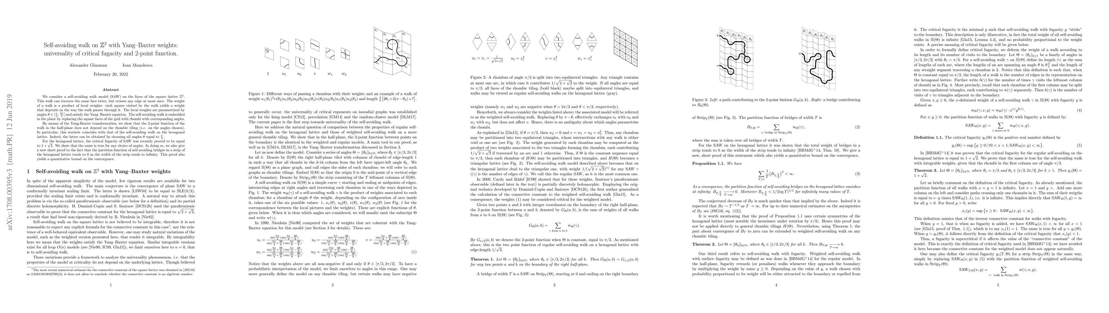 Thumbnail for Self-avoiding walk on $\mathbb{Z}^2$ with Yang-Baxter weights:
  universality of critical fugacity and 2-point function