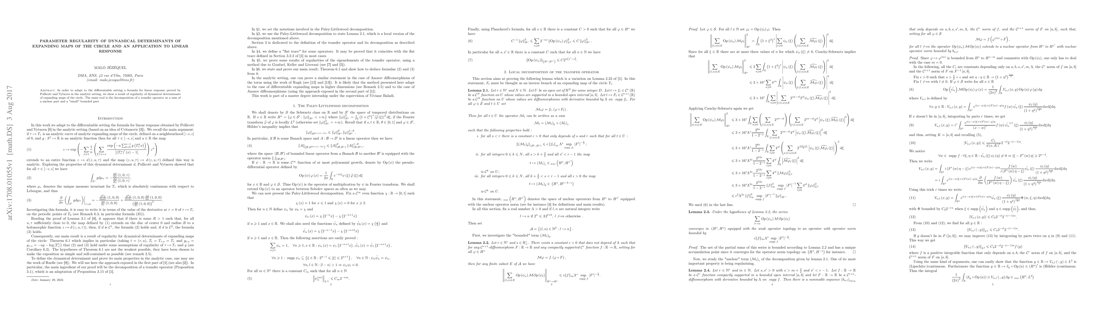 Thumbnail for Parameter regularity of dynamical determinants of expanding maps of the
  circle and an application to linear response