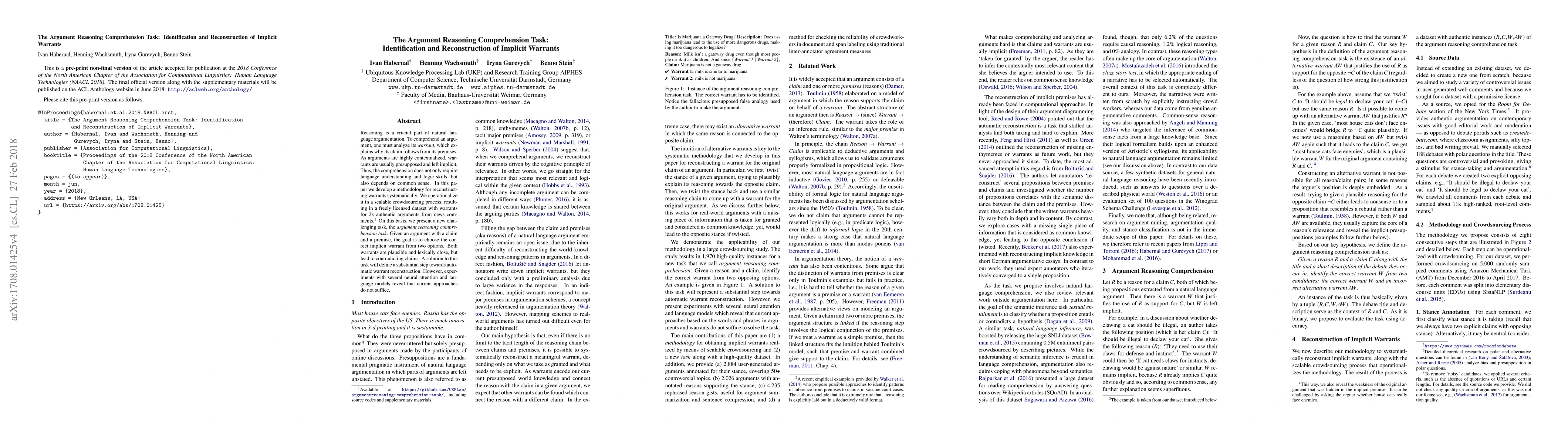 Thumbnail for The Argument Reasoning Comprehension Task: Identification and
  Reconstruction of Implicit Warrants