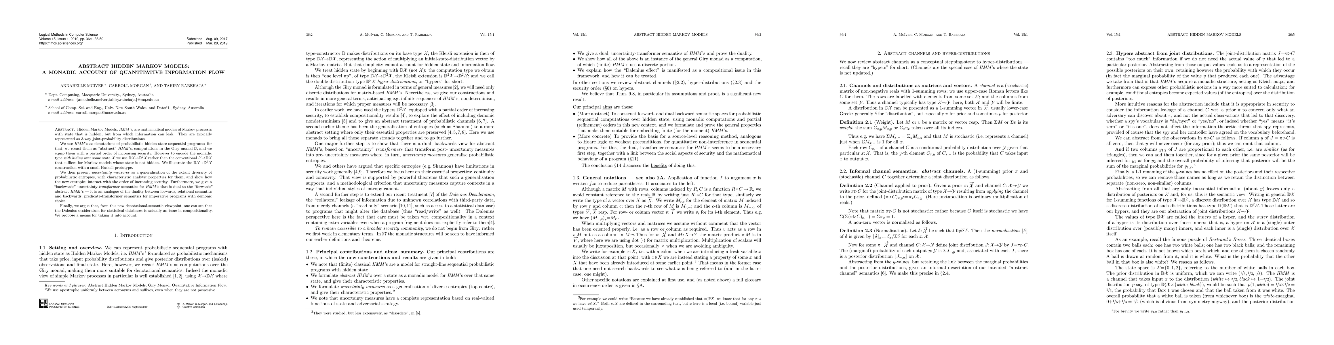 Thumbnail for Abstract Hidden Markov Models: a monadic account of quantitative
  information flow