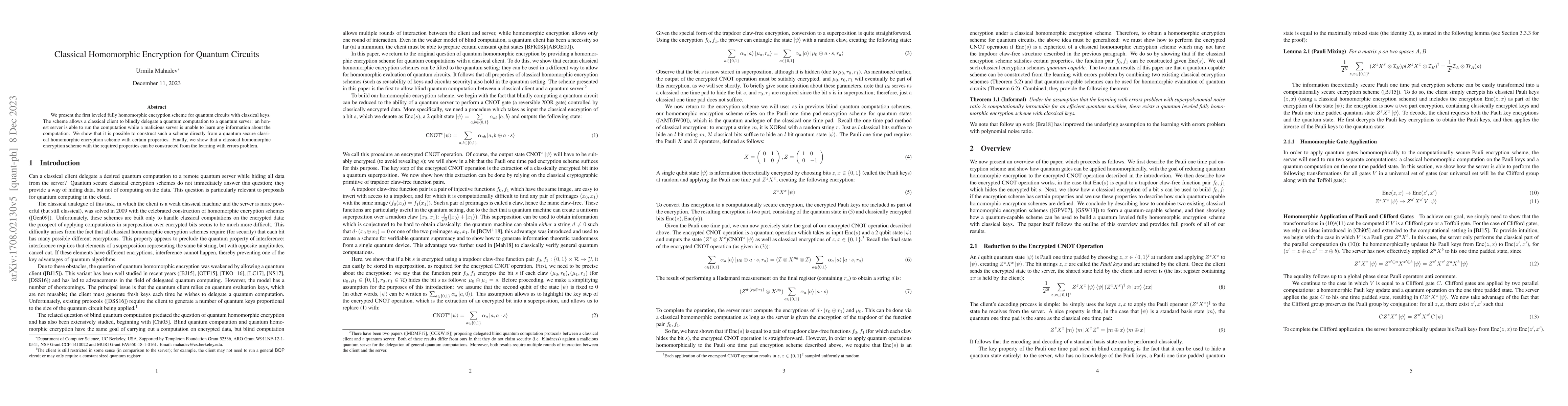 Thumbnail for Classical Homomorphic Encryption for Quantum Circuits