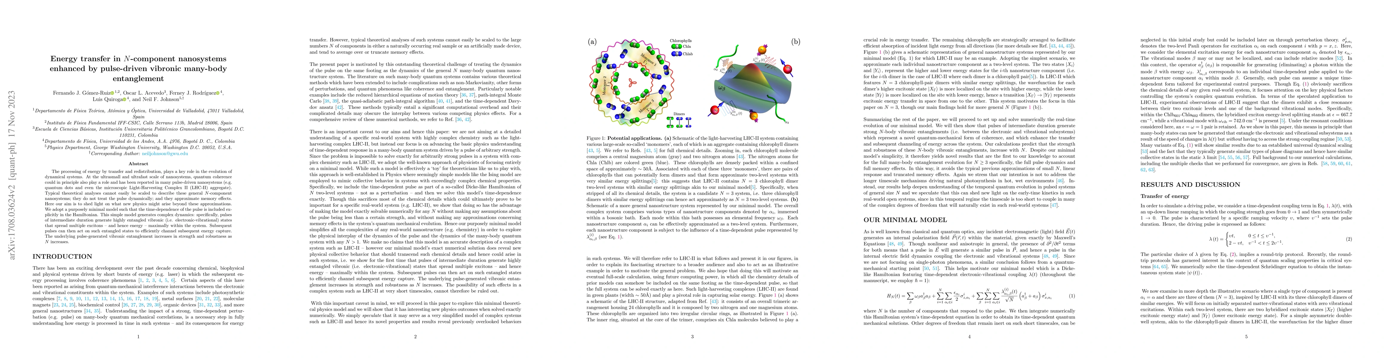 Thumbnail for Energy transfer in $N$-component nanosystems enhanced by pulse-driven
  vibronic many-body entanglement