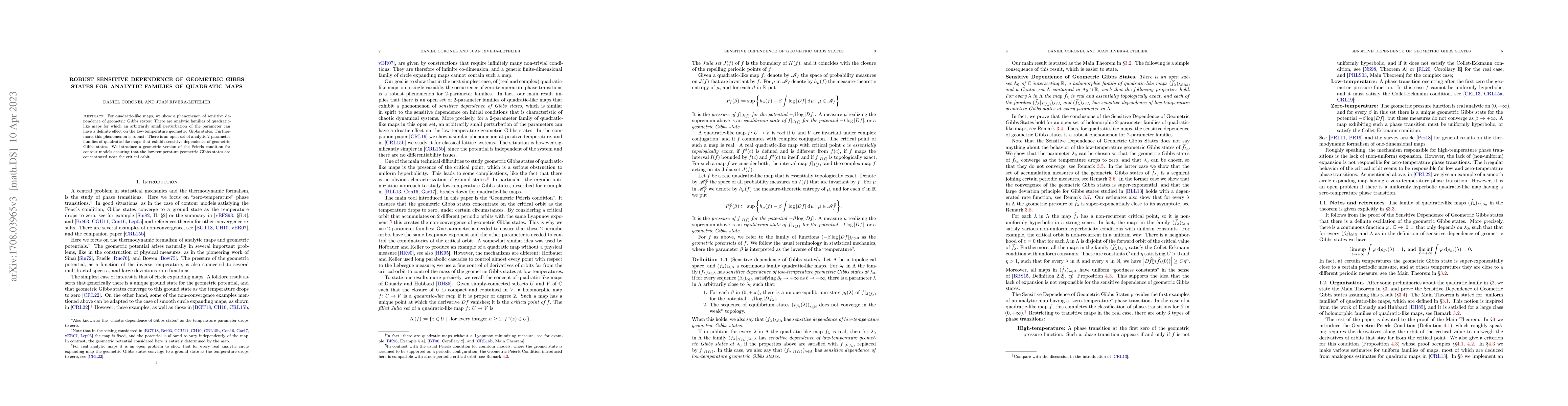 Thumbnail for Robust sensitive dependence of geometric Gibbs states for analytic
  families of quadratic maps