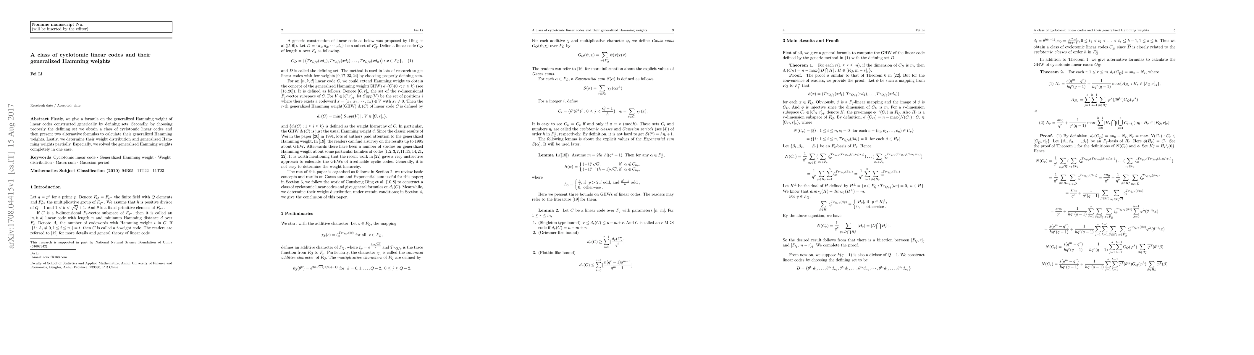 Thumbnail for A class of cyclotomic linear codes and their generalized Hamming weights
