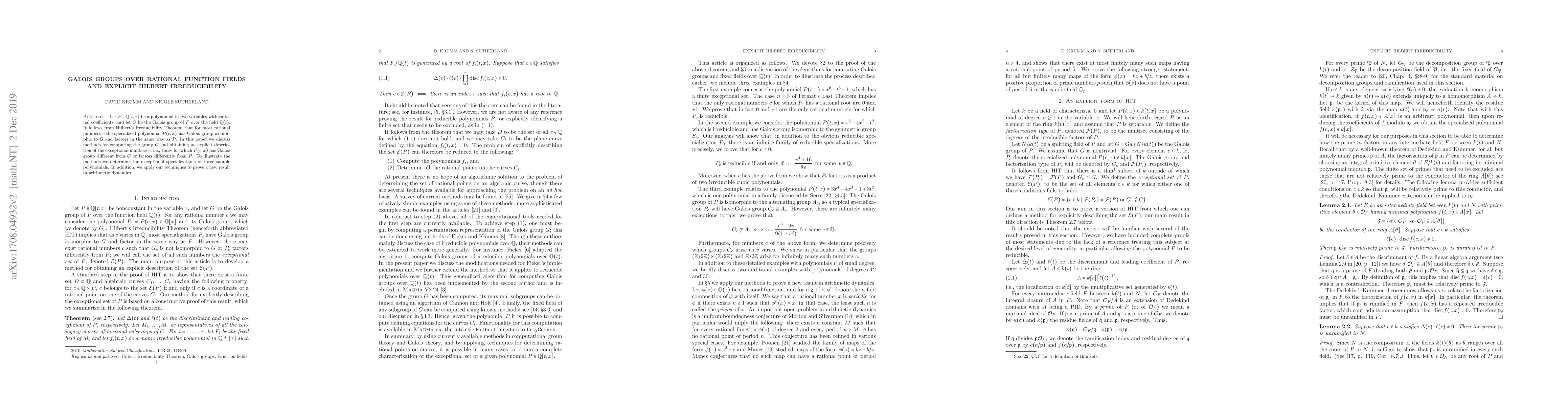 Thumbnail for Galois groups over rational function fields and explicit Hilbert
  irreducibility