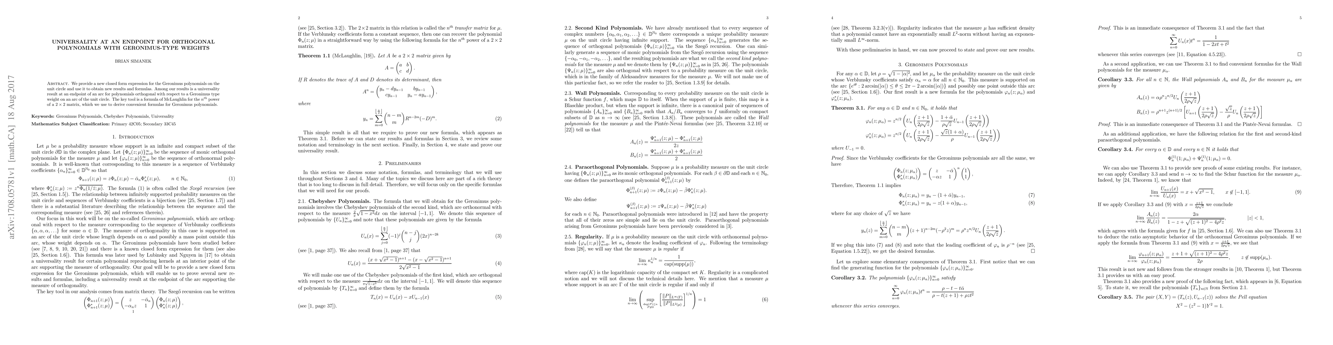 Thumbnail for Universality at an Endpoint for Orthogonal Polynomials with
  Geronimus-Type Weights