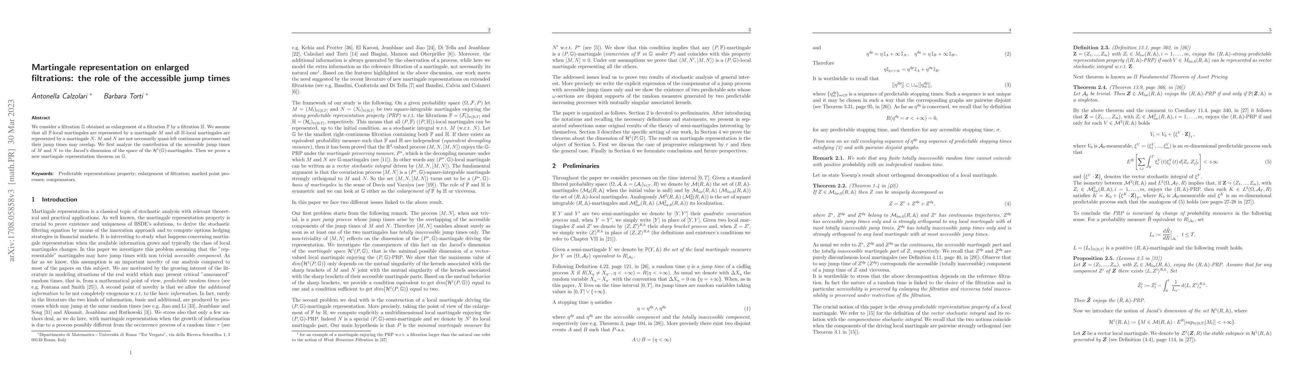 Thumbnail for Martingale representation on enlarged filtrations: the role of the
  accessible jump times