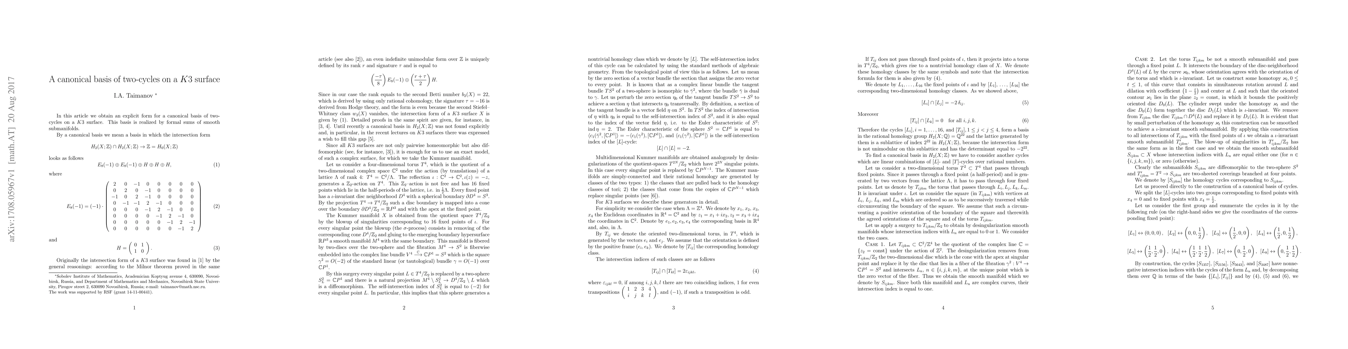 Thumbnail for A canonical basis of two-cycles on a K3 surface