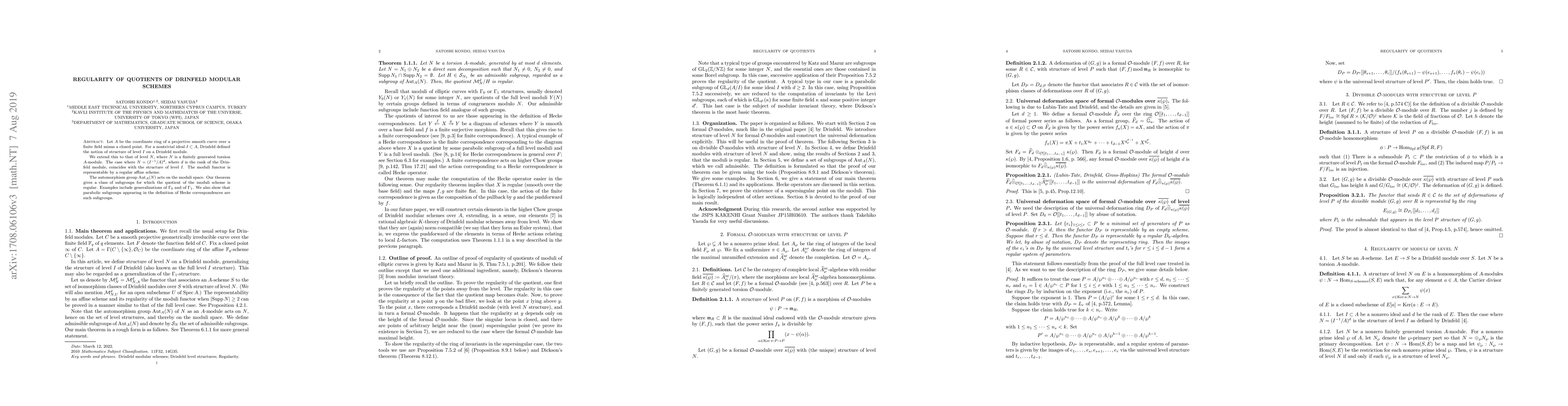 Thumbnail for Regularity of quotients of Drinfeld modular schemes