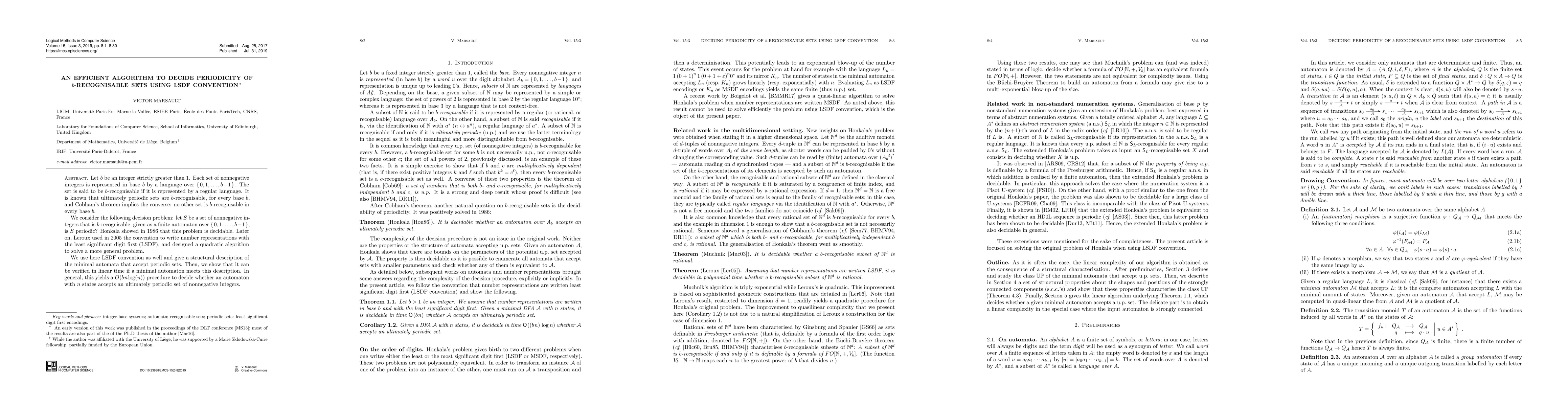 Thumbnail for An efficient algorithm to decide periodicity of $b$-recognisable sets
  using LSDF convention