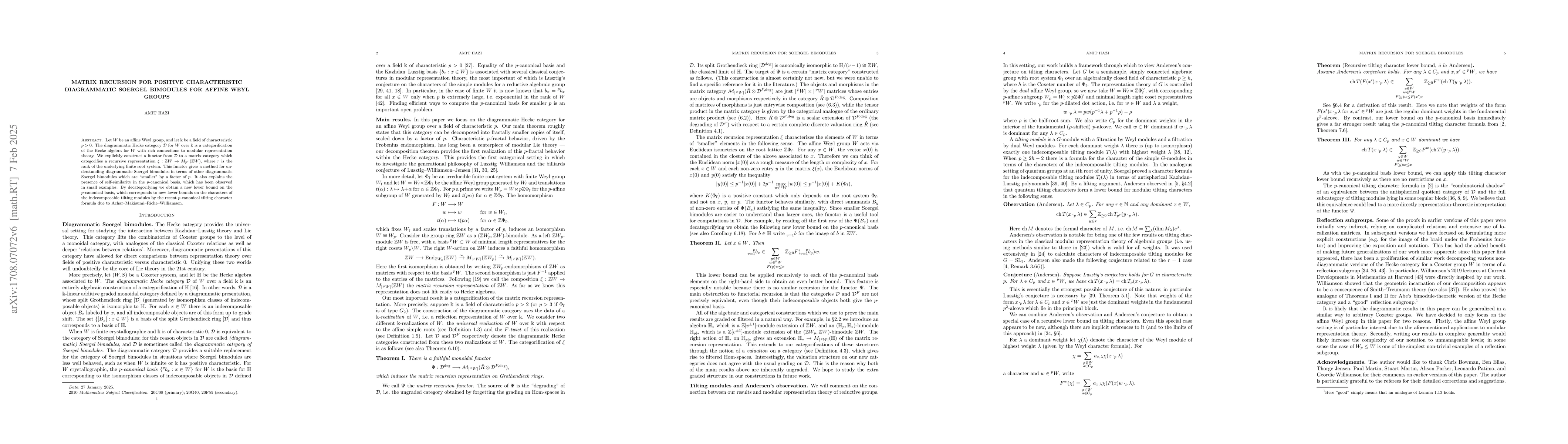 Thumbnail for Matrix recursion for positive characteristic diagrammatic Soergel
  bimodules for affine Weyl groups