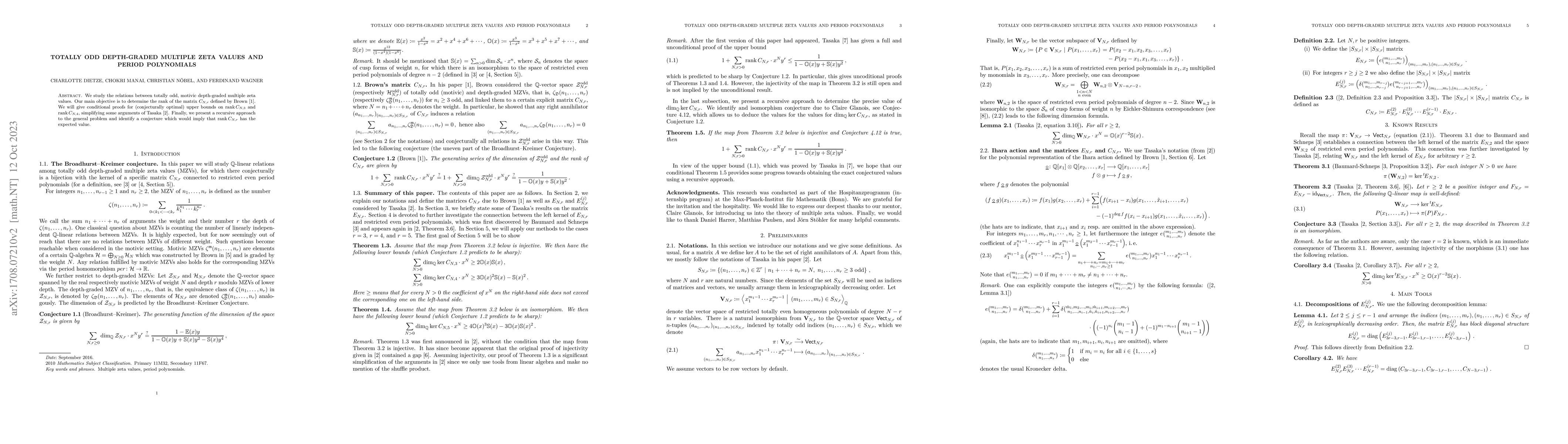 Thumbnail for Totally odd depth-graded multiple zeta values and period polynomials