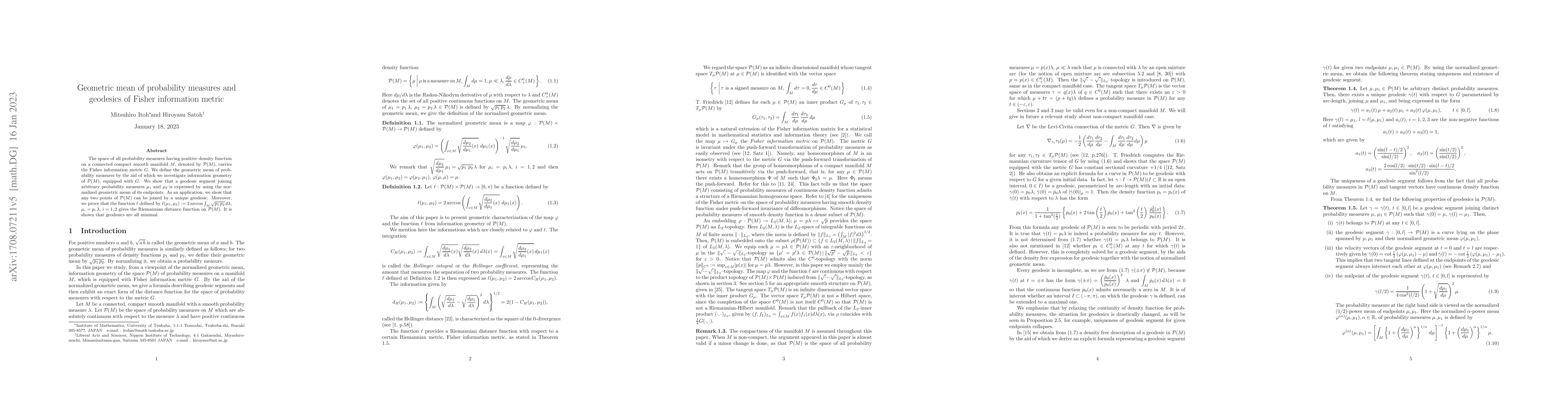 Thumbnail for Geometric mean of probability measures and geodesics of Fisher
  information metric