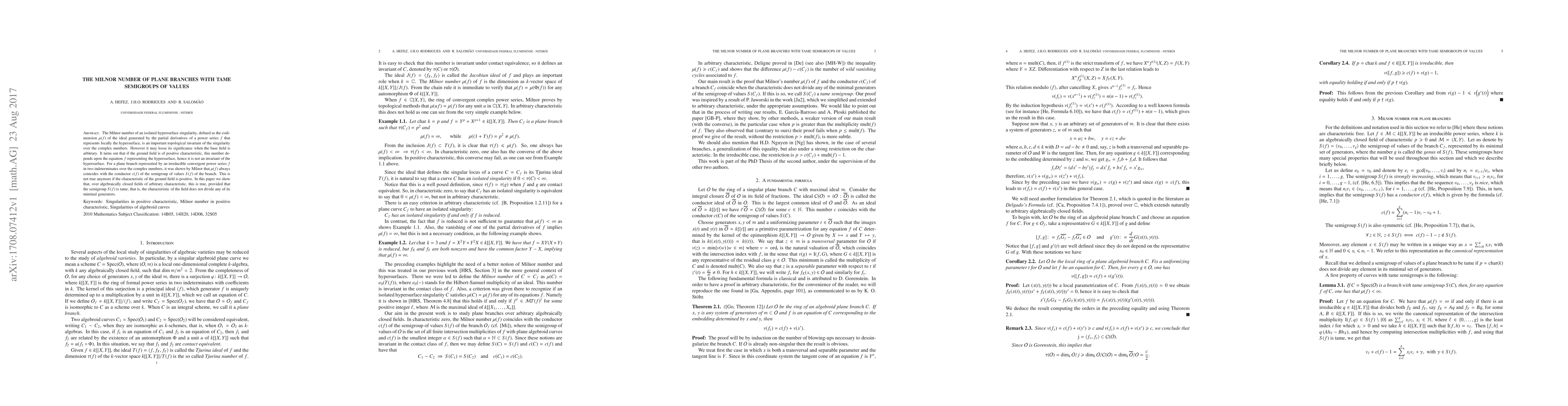 Thumbnail for The Milnor Number of Plane Branches With Tame Semigroup of Values
