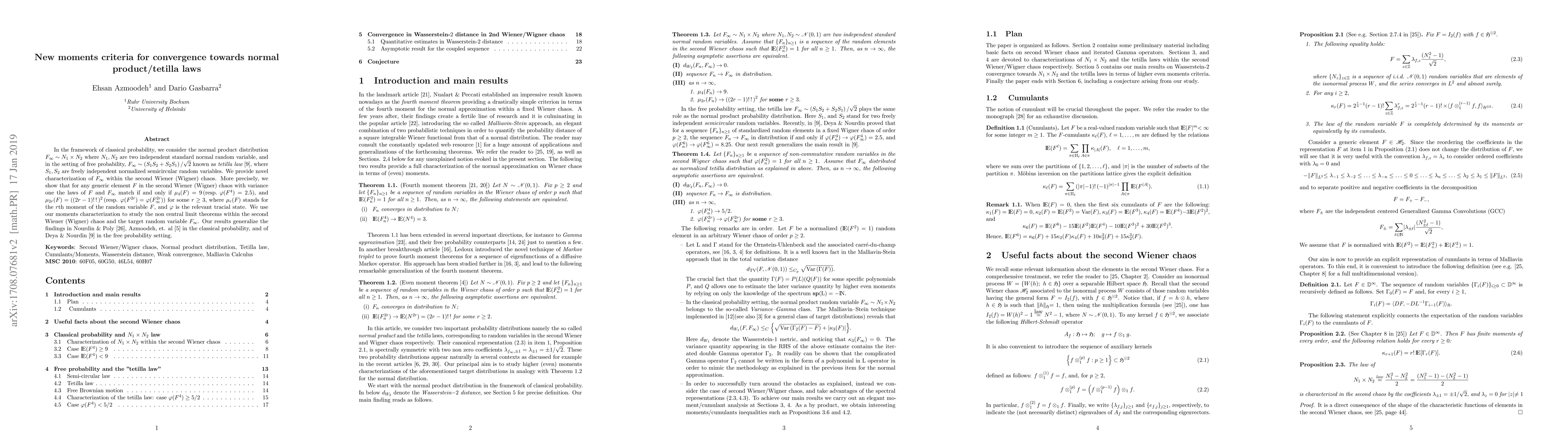 Thumbnail for New moments criteria for convergence towards normal product/tetilla laws