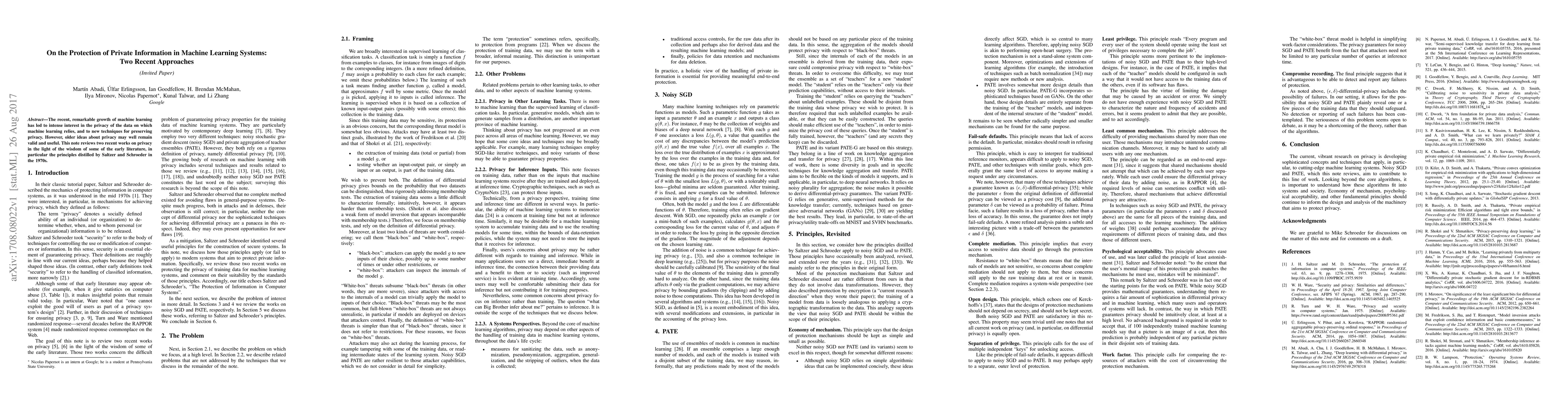 Thumbnail for On the Protection of Private Information in Machine Learning Systems:
  Two Recent Approaches